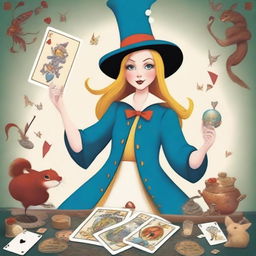 The Magician Tarot card brought to life with an ecstatic witch as the main character, imagined in the fantastical and whimsical style of 'Alice in Wonderland'