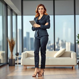 A powerful business woman confidently standing in a modern office environment, wearing stylish sandals