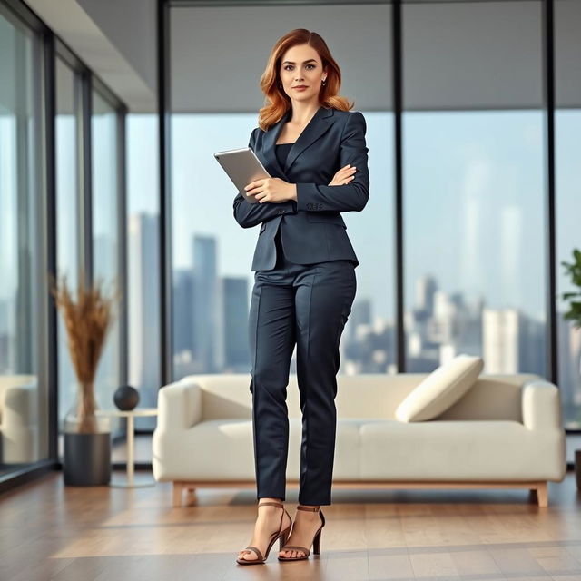 A powerful business woman confidently standing in a modern office environment, wearing stylish sandals