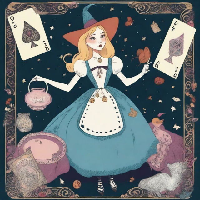 The Magician Tarot card brought to life with an ecstatic witch as the main character, imagined in the fantastical and whimsical style of 'Alice in Wonderland'