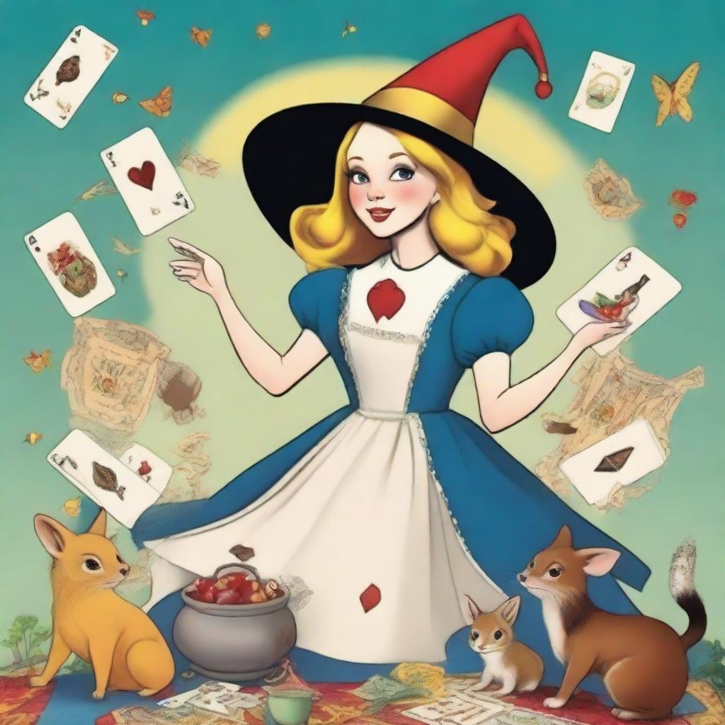 The Magician Tarot card brought to life with an ecstatic witch as the main character, imagined in the fantastical and whimsical style of 'Alice in Wonderland'