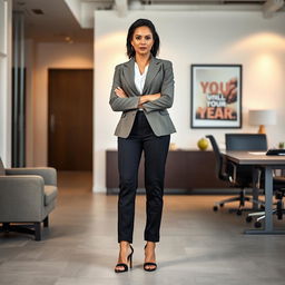A confident and authoritative woman standing tall, showcasing her stylish sandals that accentuate her high-arched feet