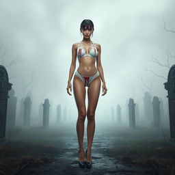 A thin girl with round, enhanced breasts, positioned at the center of the image in a full body view, wearing a tight thin white transparent latex thong leotard with an artistic bloody effect, complemented by stylish high heel shoes
