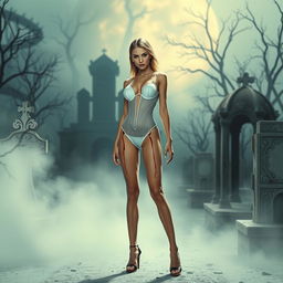 A thin girl with round, enhanced breasts, positioned at the center of the image in a full body view, wearing a tight thin white transparent latex thong leotard with an artistic bloody effect, complemented by stylish high heel shoes