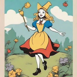 The Fool Tarot card depicted in the style of 'Alice in Wonderland', featuring a joyful witch as the main character