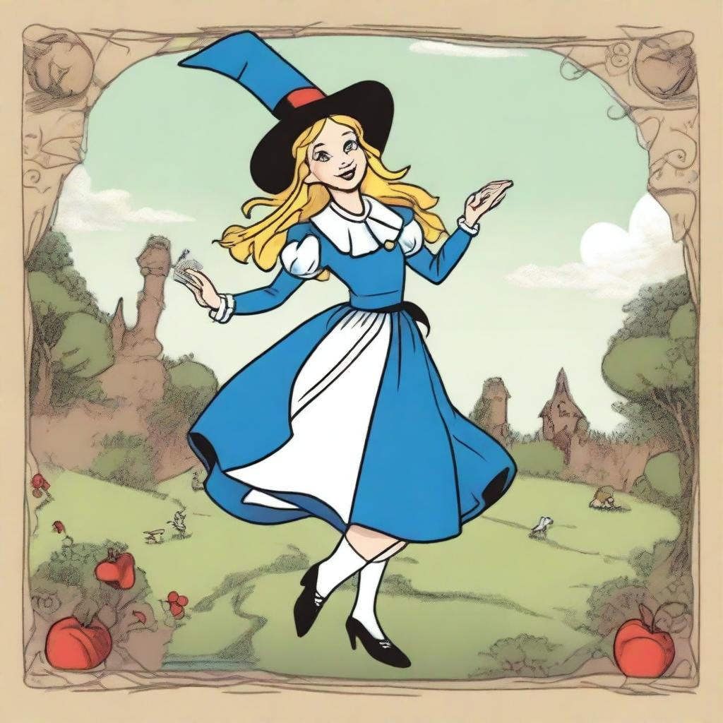 The Fool Tarot card depicted in the style of 'Alice in Wonderland', featuring a joyful witch as the main character