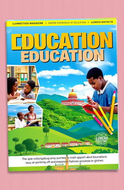 A captivating cover design for an education magazine focused on Luwero District, featuring vibrant imagery that showcases local educational environments, students engaged in learning, and iconic landmarks of the district