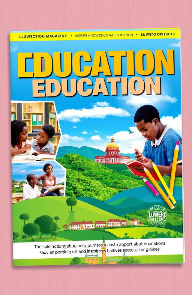 A captivating cover design for an education magazine focused on Luwero District, featuring vibrant imagery that showcases local educational environments, students engaged in learning, and iconic landmarks of the district