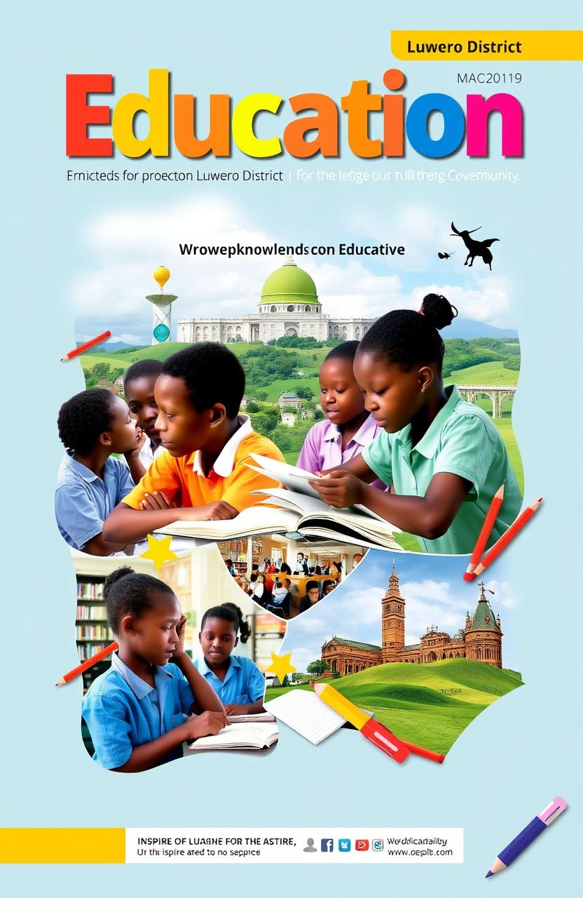 A captivating cover design for an education magazine focused on Luwero District, featuring vibrant imagery that showcases local educational environments, students engaged in learning, and iconic landmarks of the district