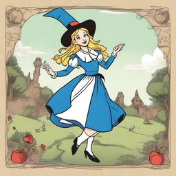 The Fool Tarot card depicted in the style of 'Alice in Wonderland', featuring a joyful witch as the main character