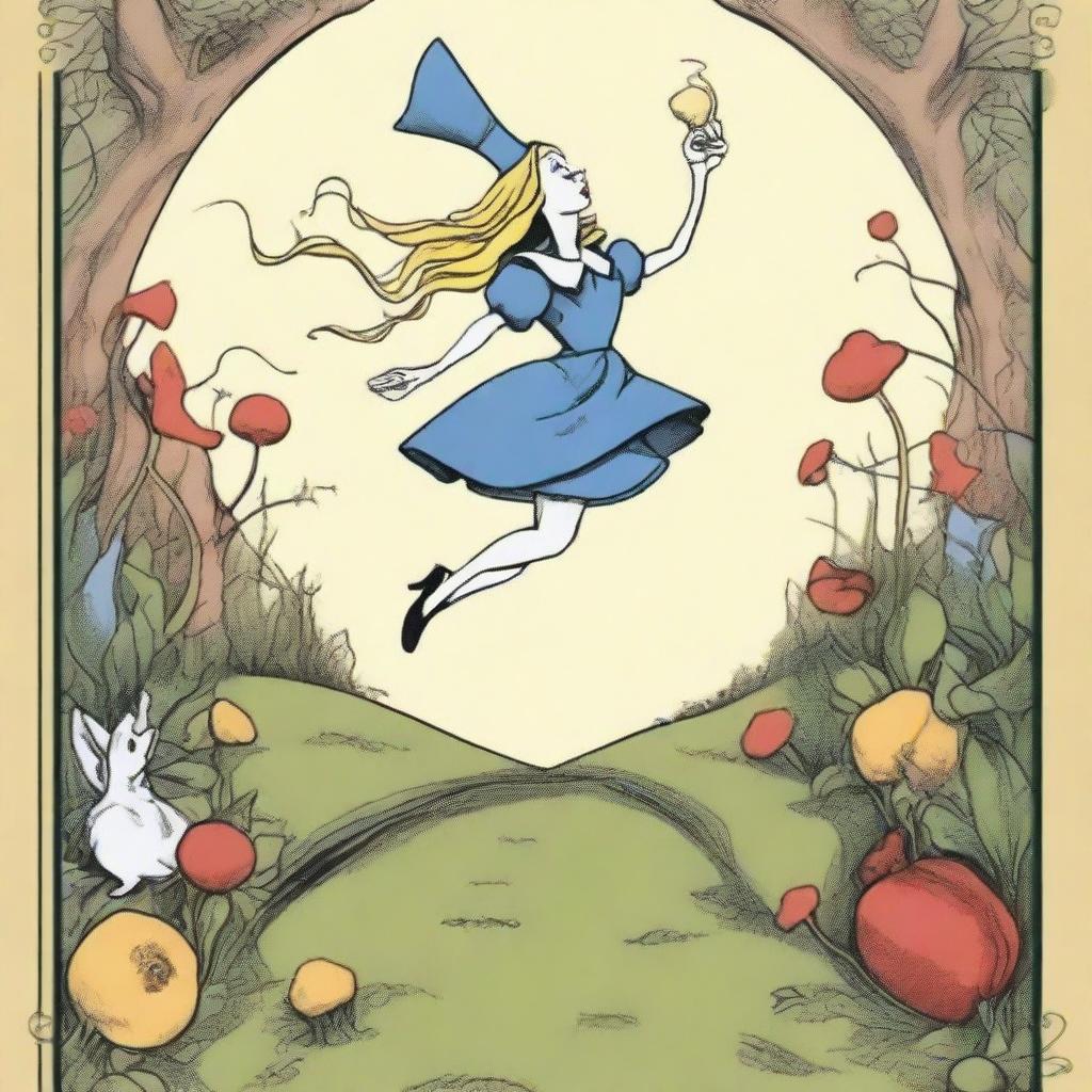 The Fool Tarot card depicted in the style of 'Alice in Wonderland', featuring a joyful witch as the main character