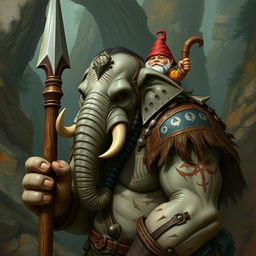 A humanoid elephant barbarian covered in scars and adorned with simple war paint, gripping a large wooden pike firmly in one hand