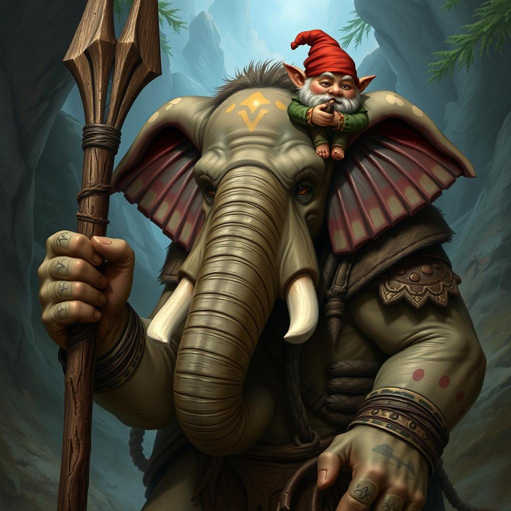 A humanoid elephant barbarian covered in scars and adorned with simple war paint, gripping a large wooden pike firmly in one hand