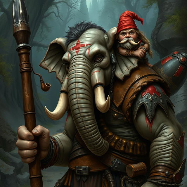 A humanoid elephant barbarian covered in scars and adorned with simple war paint, gripping a large wooden pike firmly in one hand