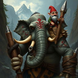 A humanoid elephant barbarian covered in scars and adorned with simple war paint, gripping a large wooden pike firmly in one hand