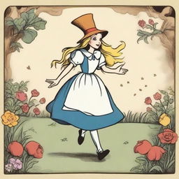 The Fool Tarot card depicted in the style of 'Alice in Wonderland', featuring a joyful witch as the main character