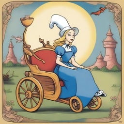 The Chariot Tarot card designed in the whimsical style of 'Alice in Wonderland' with a jovial witch as the main character