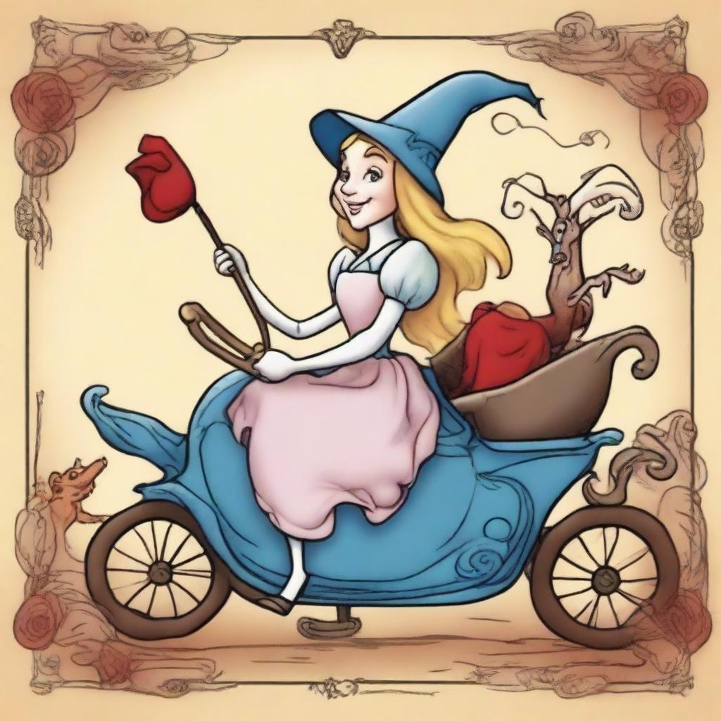 The Chariot Tarot card designed in the whimsical style of 'Alice in Wonderland' with a jovial witch as the main character