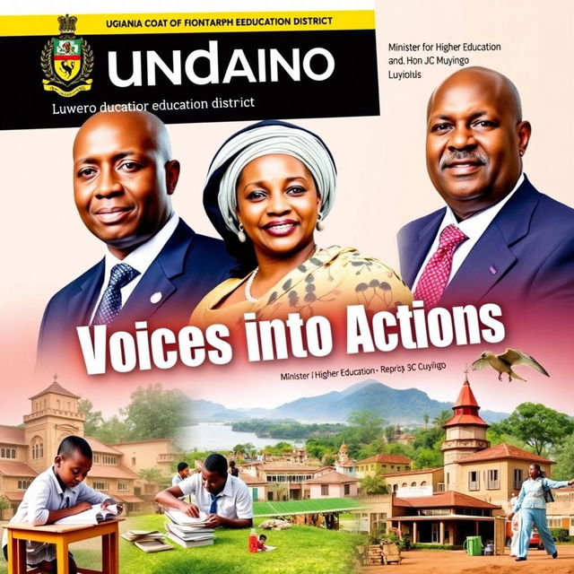 A visually striking cover design for an education magazine centered on Luwero District, prominently featuring the Uganda Coat of Arms logo at the top