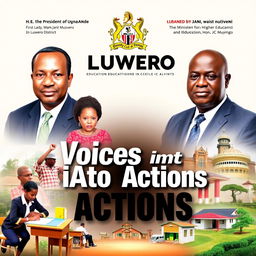 A visually striking cover design for an education magazine centered on Luwero District, prominently featuring the Uganda Coat of Arms logo at the top