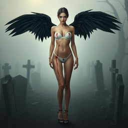 A thin girl with round, enhanced breasts, positioned at the center of the image in a full body view, wearing a tight thin white transparent latex thong leotard showcasing an artistic bloody effect, along with stylish high heel shoes