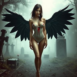 A thin girl with round, enhanced breasts, positioned at the center of the image in a full body view, wearing a tight thin white transparent latex thong leotard showcasing an artistic bloody effect, along with stylish high heel shoes