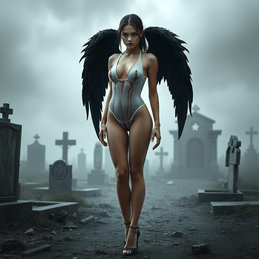 A thin girl with round, enhanced breasts, positioned at the center of the image in a full body view, wearing a tight thin white transparent latex thong leotard showcasing an artistic bloody effect, along with stylish high heel shoes