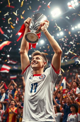 A dynamic scene depicting a young footballer at the age of 17 celebrating a victory in a crowded stadium after winning the European Championship