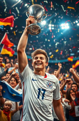 A dynamic scene depicting a young footballer at the age of 17 celebrating a victory in a crowded stadium after winning the European Championship