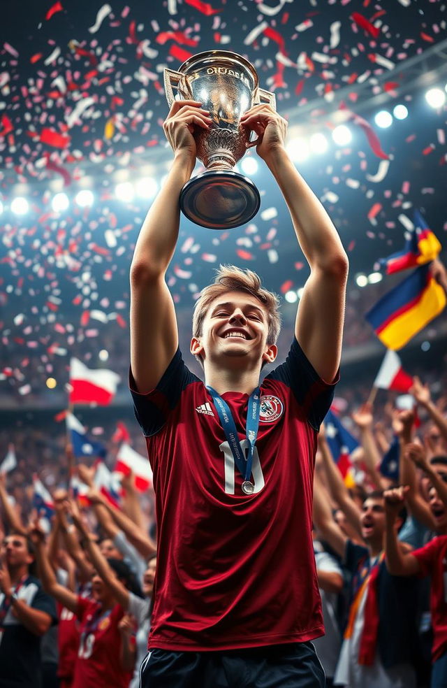 A dynamic scene depicting a young footballer at the age of 17 celebrating a victory in a crowded stadium after winning the European Championship