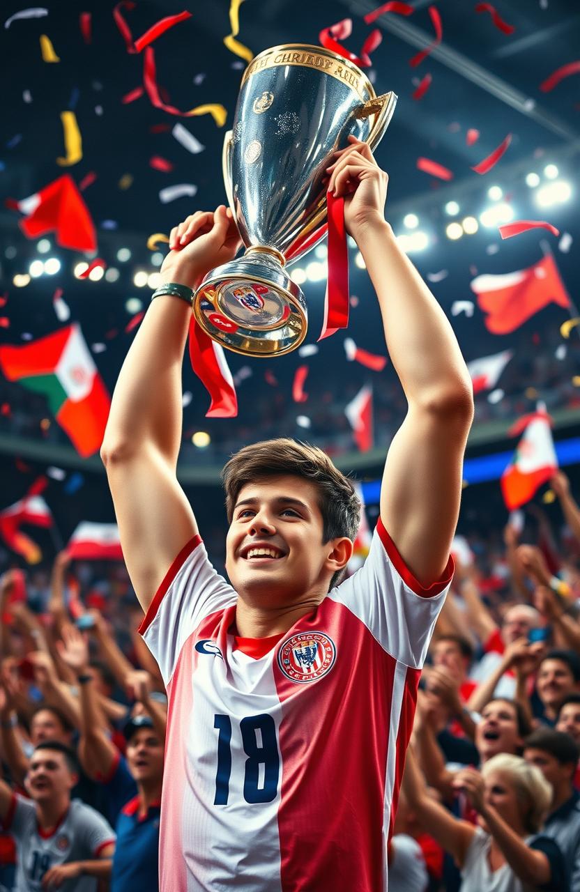 A dynamic scene depicting a young footballer at the age of 17 celebrating a victory in a crowded stadium after winning the European Championship