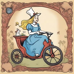 The Chariot Tarot card designed in the whimsical style of 'Alice in Wonderland' with a jovial witch as the main character