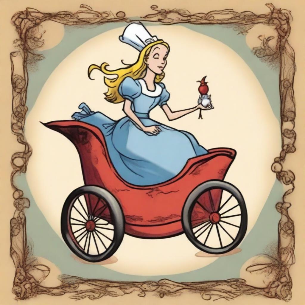 The Chariot Tarot card designed in the whimsical style of 'Alice in Wonderland' with a jovial witch as the main character