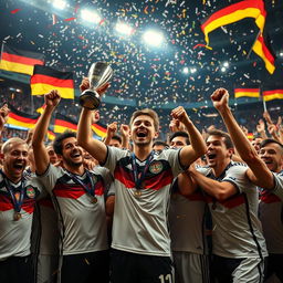 A vibrant scene of a 17-year-old German footballer celebrating with teammates after winning the European Championship