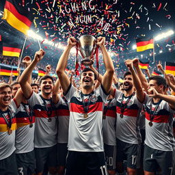 A vibrant scene of a 17-year-old German footballer celebrating with teammates after winning the European Championship