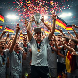 A vibrant scene of a 17-year-old German footballer celebrating with teammates after winning the European Championship