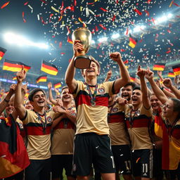 A vibrant scene of a 17-year-old German footballer celebrating with teammates after winning the European Championship