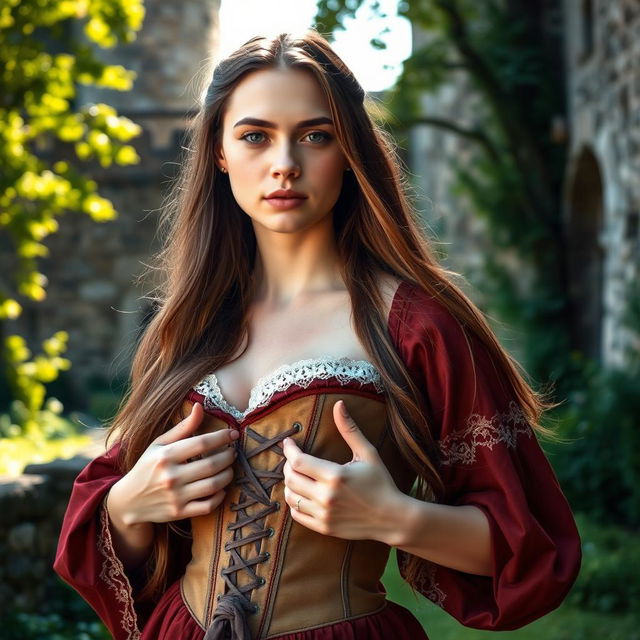 A beautiful 18-year-old young woman in a medieval setting, gracefully removing her corset