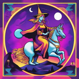 The Chariot Tarot card illustrated in the vibrant, electronic style of retro wave featuring a jubilant witch as the main character