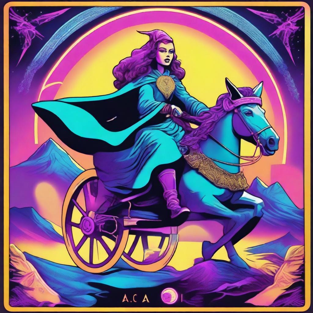 The Chariot Tarot card illustrated in the vibrant, electronic style of retro wave featuring a jubilant witch as the main character