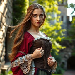 A beautiful 18-year-old young woman in a medieval setting, gracefully removing her corset