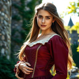 A beautiful 18-year-old young woman in a medieval setting, gracefully removing her corset