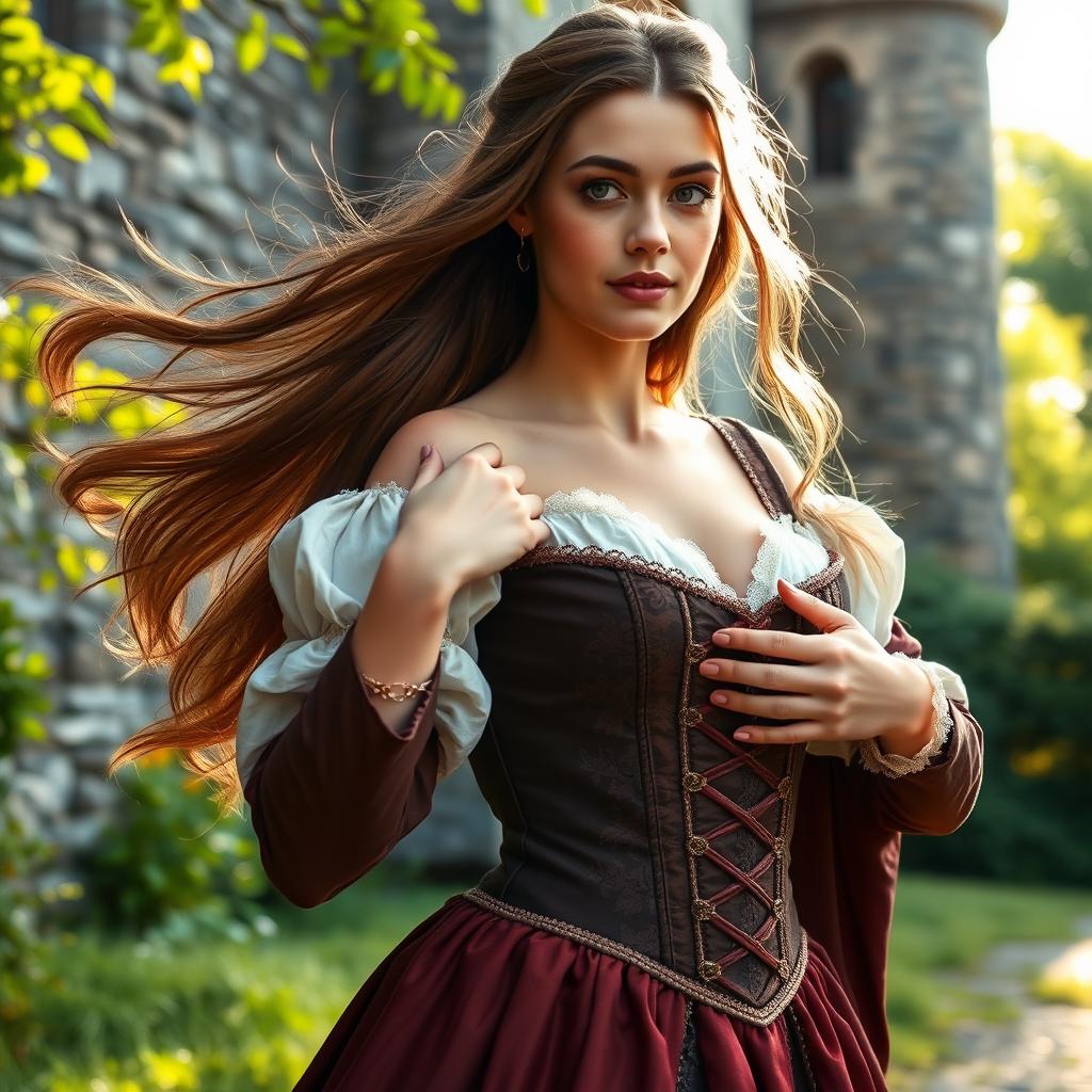 A beautiful 18-year-old young woman in a medieval setting, gracefully removing her corset