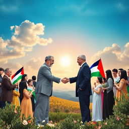 A peaceful scene depicting the acceptance of peace between Israel and Palestine, with representatives from both nations shaking hands in front of a beautiful landscape symbolizing harmony