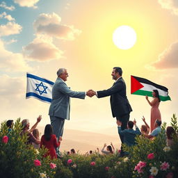 A peaceful scene depicting the acceptance of peace between Israel and Palestine, with representatives from both nations shaking hands in front of a beautiful landscape symbolizing harmony