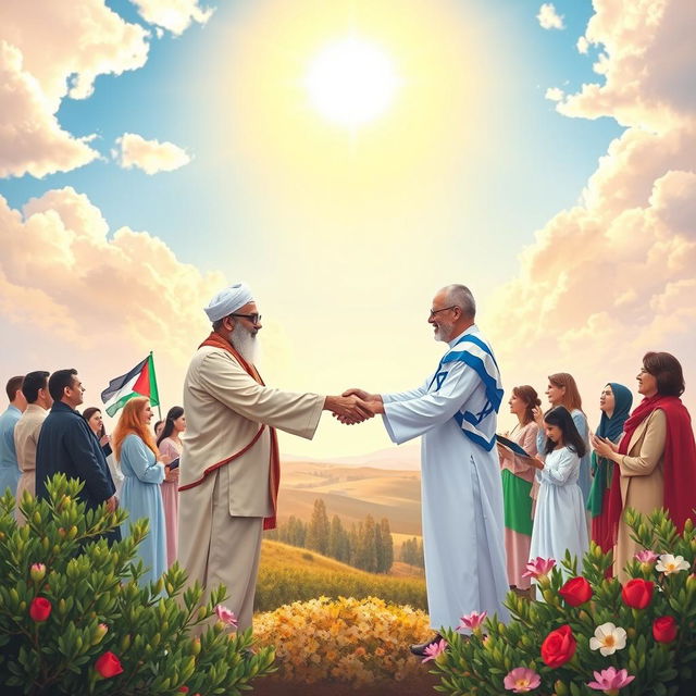 A peaceful scene depicting the acceptance of peace between Israel and Palestine, with representatives from both nations shaking hands in front of a beautiful landscape symbolizing harmony