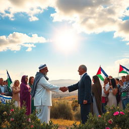 A peaceful scene depicting the acceptance of peace between Israel and Palestine, with representatives from both nations shaking hands in front of a beautiful landscape symbolizing harmony