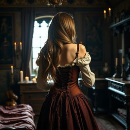 A beautiful 18-year-old young woman in a medieval bedroom, seen from the back as she gracefully removes her corset