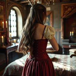 A beautiful 18-year-old young woman in a medieval bedroom, seen from the back as she gracefully removes her corset
