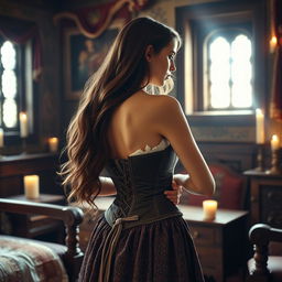 A beautiful 18-year-old young woman in a medieval bedroom, seen from the back as she gracefully removes her corset